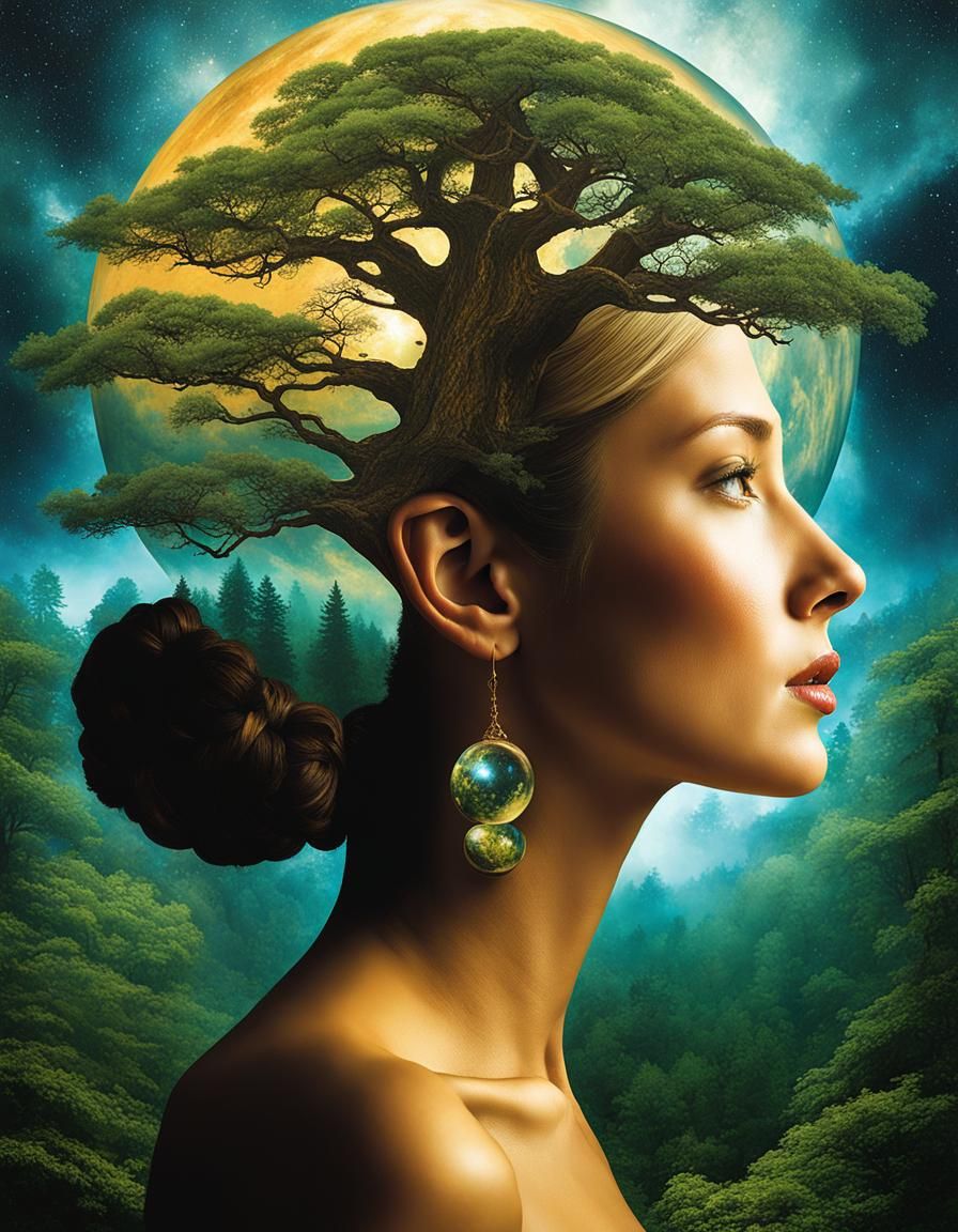 Maximalists hyperrealistc “Double exposure Art MASTERPIECE” Side view stunningly gorgeous Woman_Mother_Nature, mesmerizi...