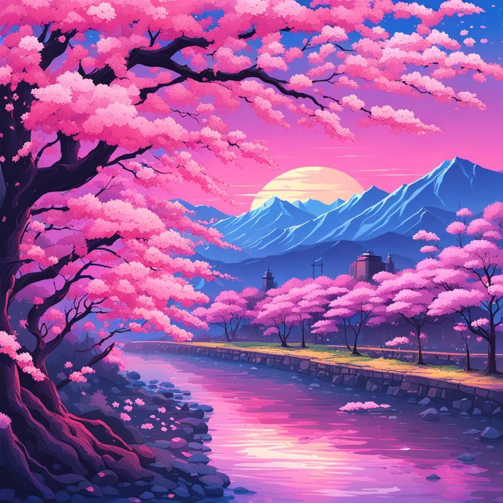 Vaporwave Sakura Blossoms by the River