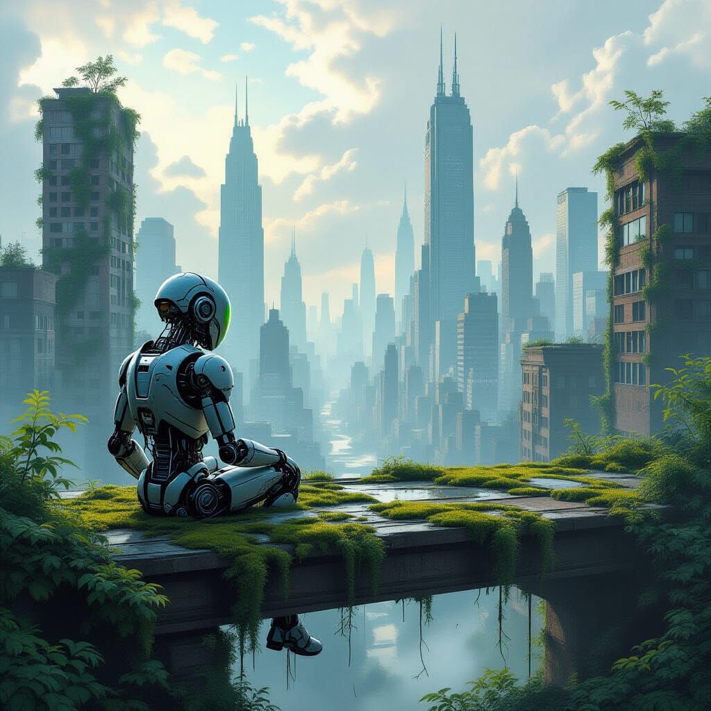 Android Overlook in Overgrown Cityscape, Digital Painting