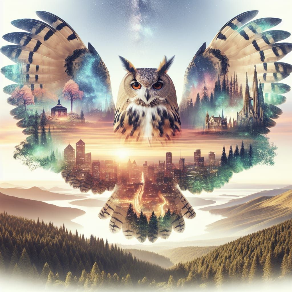 Owl Double Exposure: Forest, City, Sunset Kingdom