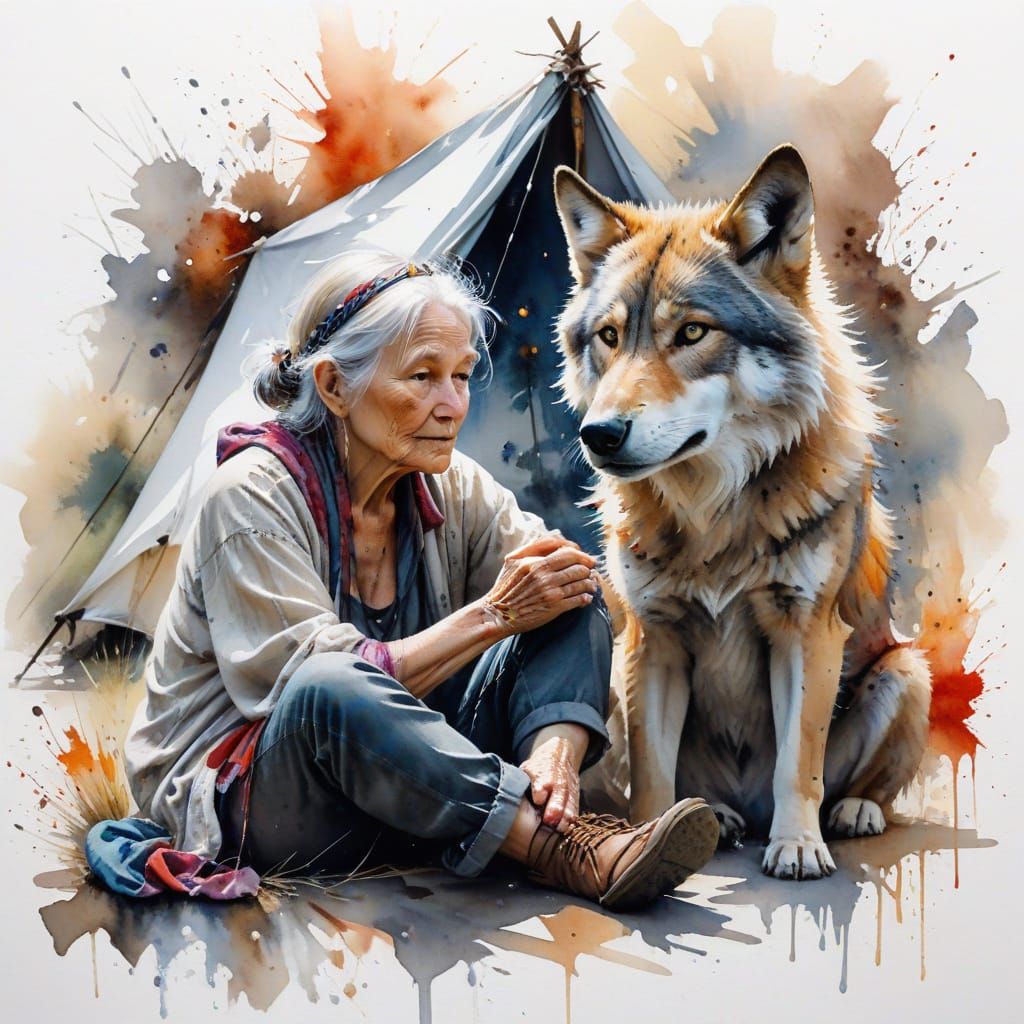 Sacagawea as an Elder with Wolf Cub, in Watercolor