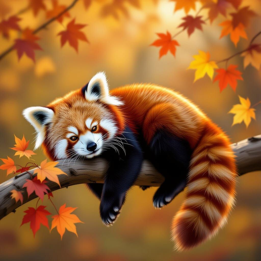 Red Panda Resting on Branch in Autumn Painting