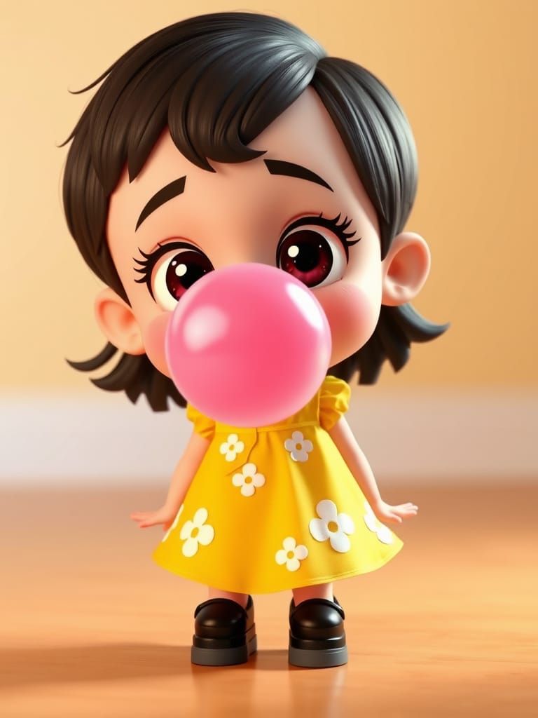 Chibi Child in Disbelief with Burst Bubblegum