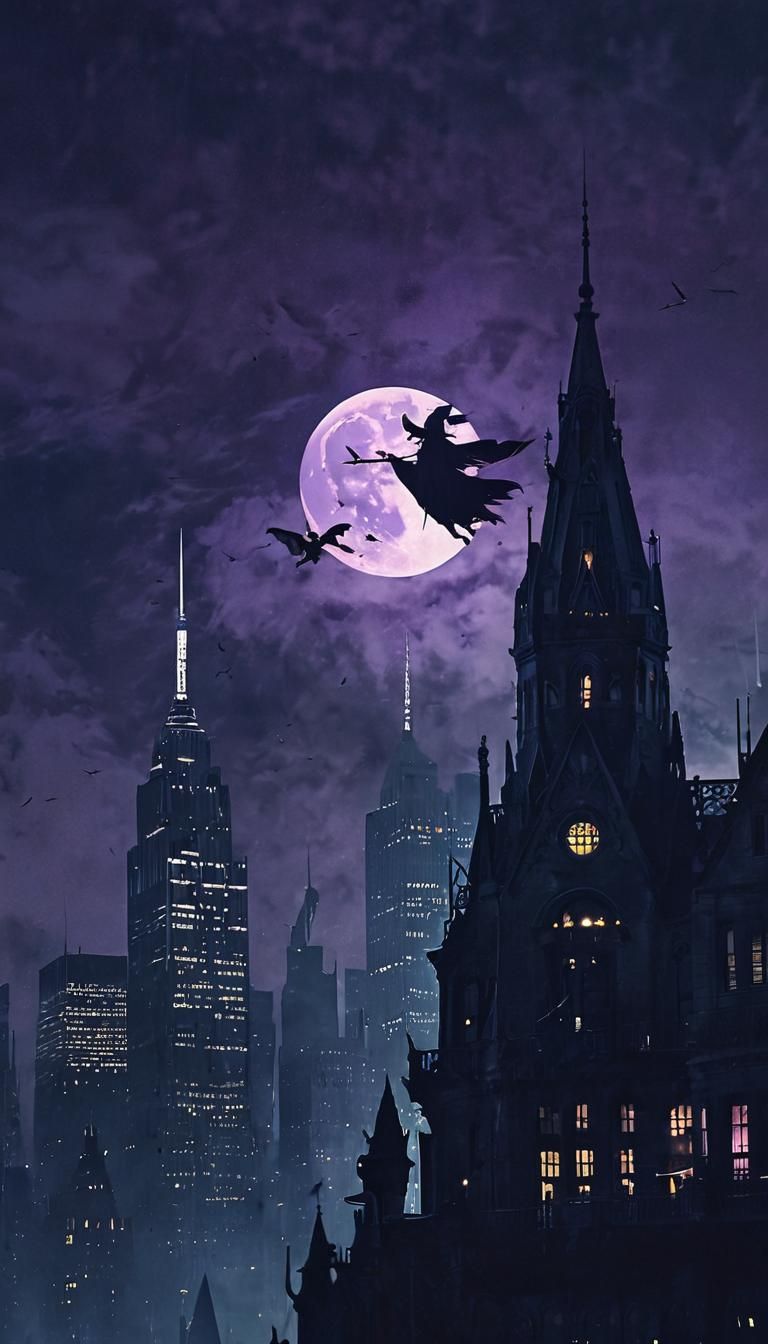 Witches Fly Over Gothic City in Moonlight
