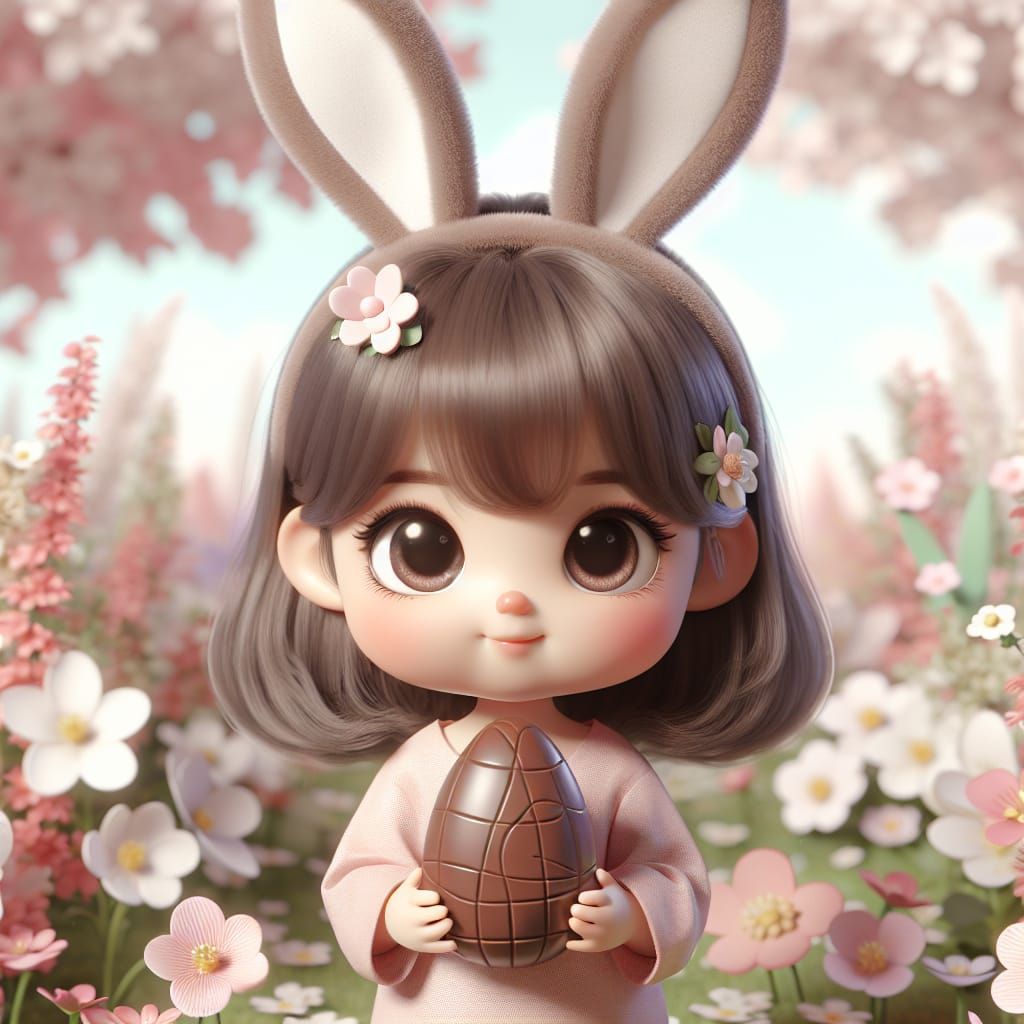 Disney Pixar style 3D Adorable little girl wearing bunny ears, 3D animated style, reminiscent of Disney Pixar, large eye...