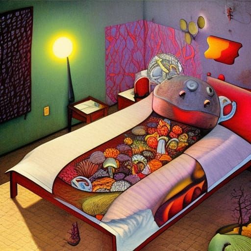 Surreal Mushrooms in Bed: Pop Art Horror