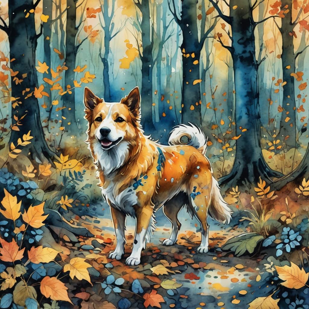 Dog Pollux in Enchanted Autumn Forest, Watercolor Art