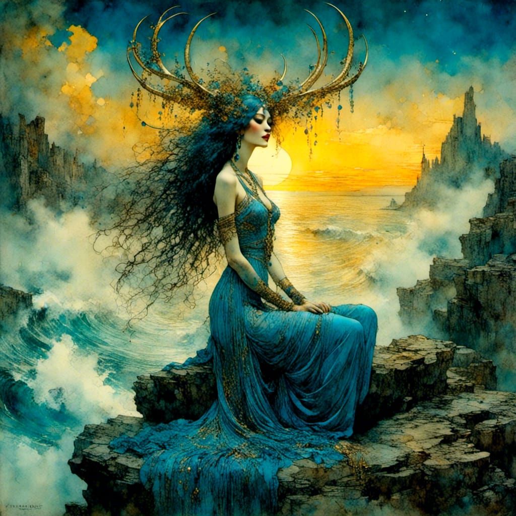Golden Blue Woman with Stag Antlers