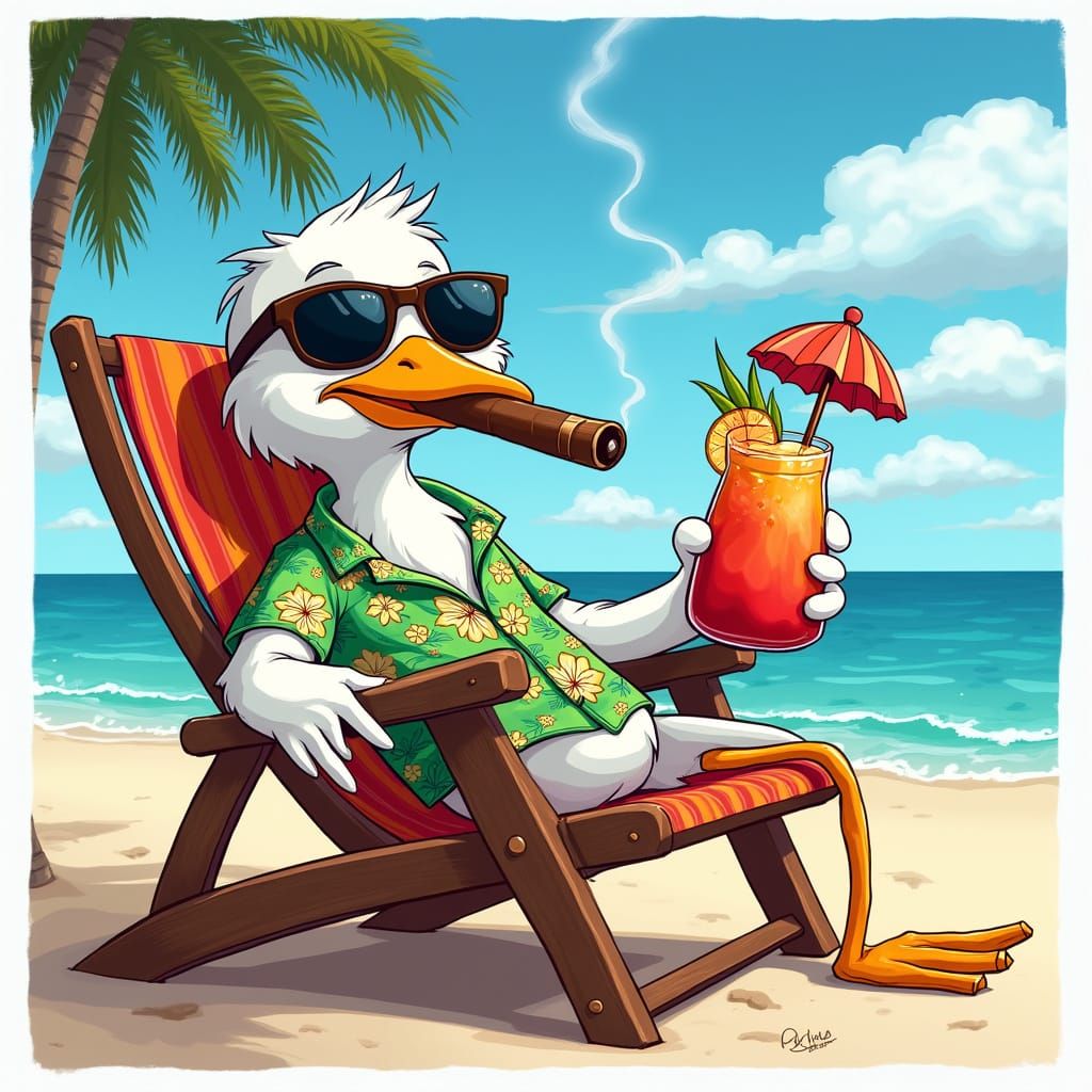 Cartoon Seagull Relaxing with Cocktail and Cigar