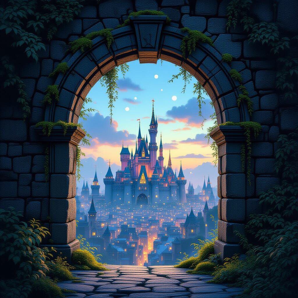 Ancient Archway Overlooking Fantastical City at Twilight