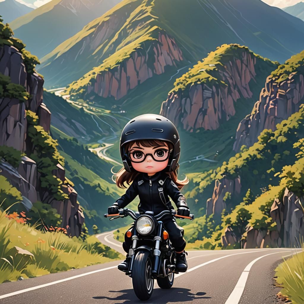 Anime Blythe Doll on Motorbike in Mountains