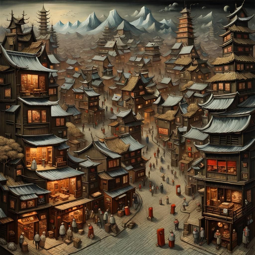 Sinister Japanese Town in Hyperdetailed Surreal Style
