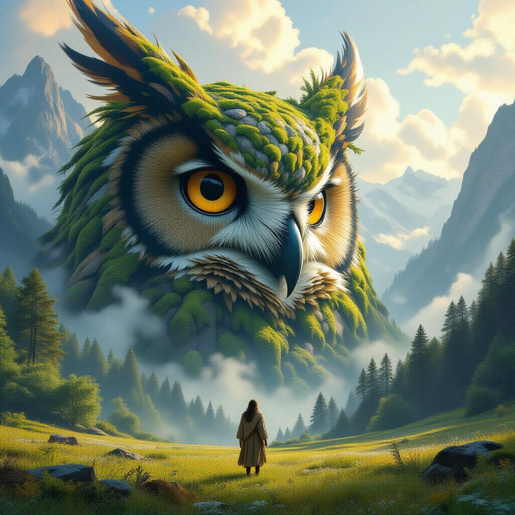 Mossy Owl Head Emerges from Mountain Forest