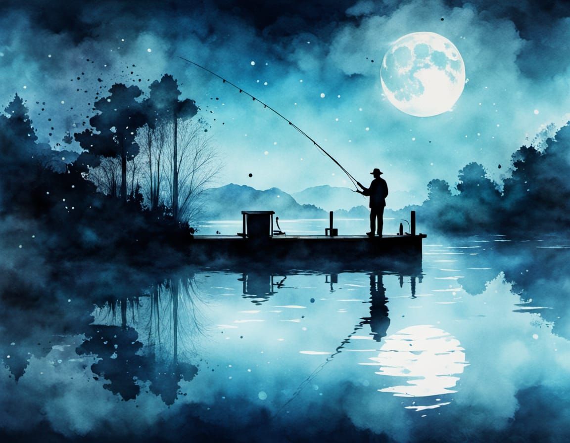 Fishing at Night: Ink Splash Watercolour with Double Exposur...