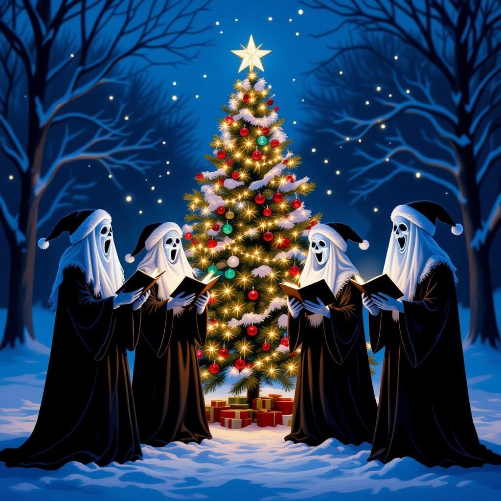 undead carolers with a ghostly Christmas tree