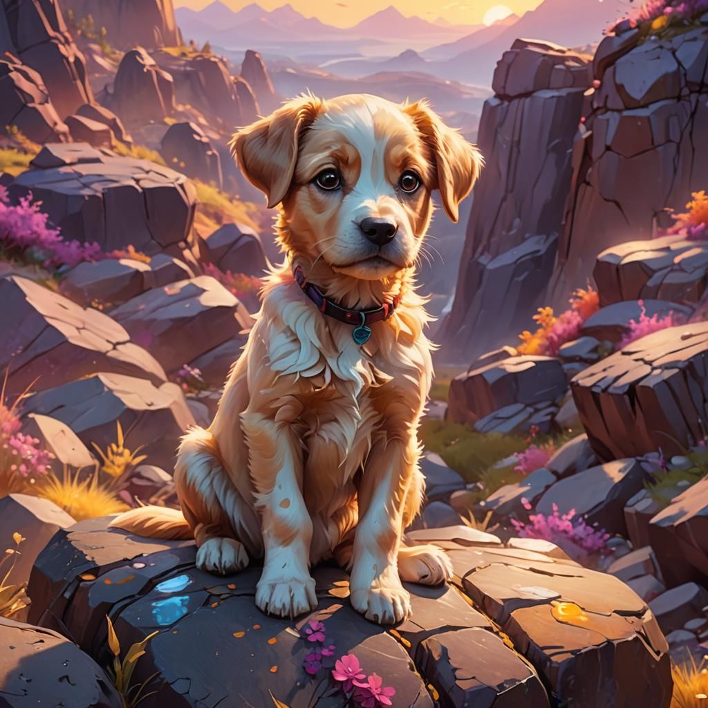 Adorable Puppy with Melting Eyes in Dreamy Landscape