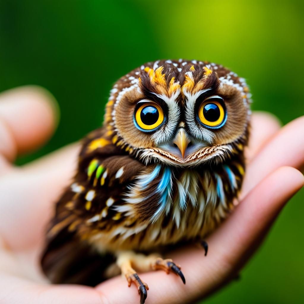 Colorful Elf Owl Portrait on Human Hand