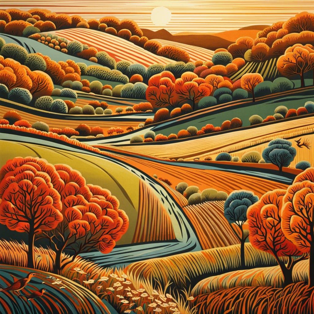 Autumn Landscape Painting with Migratory Birds