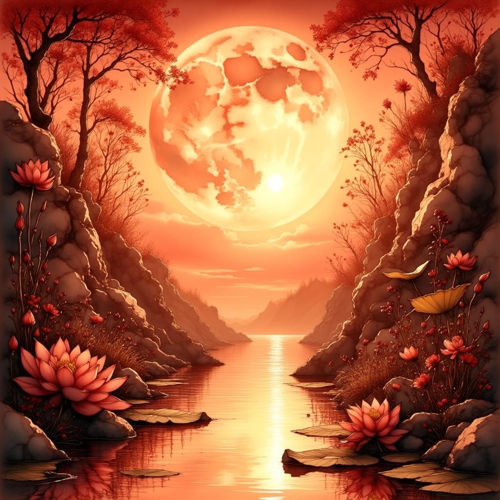 80s Anime Sepia Landscape with Moon and Lotus