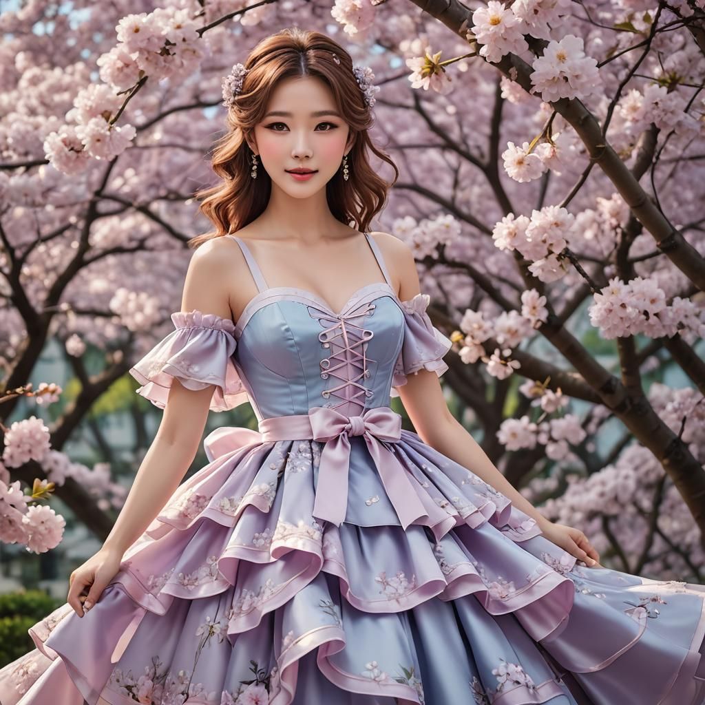 Elegant Asian Woman in Rococo Gown with Sakura Blossoms
