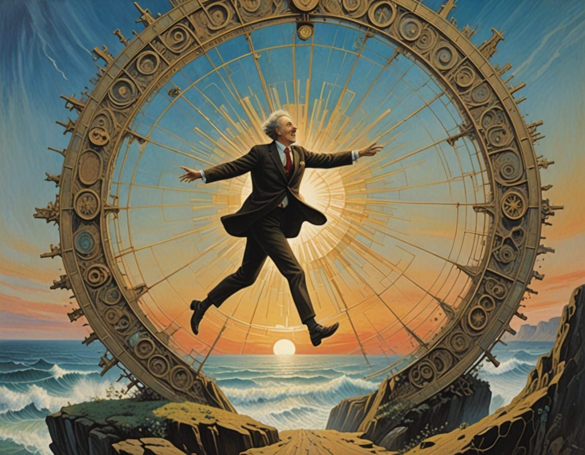 Director's Joyful Jump on Coastline, Surreal Illustration