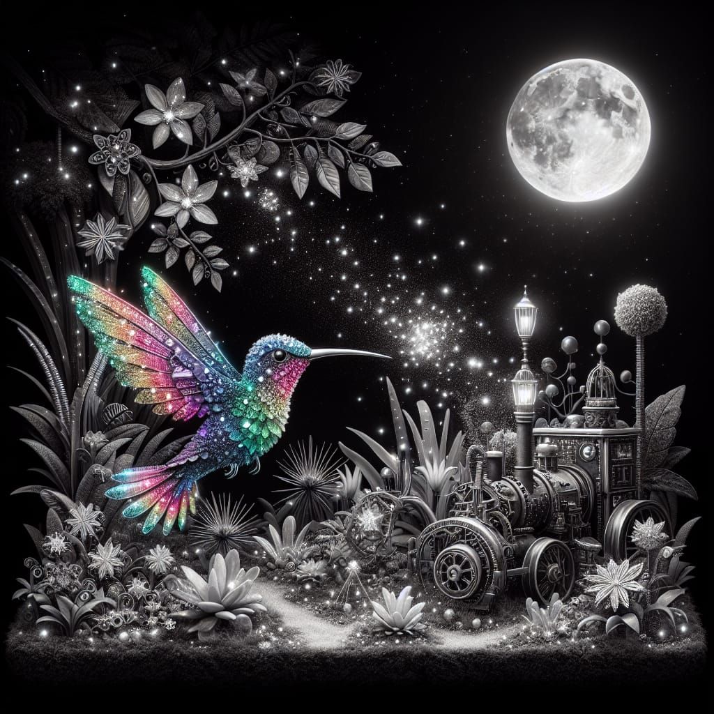 Steampunk Hummingbird in Monochromatic Fairy Garden
