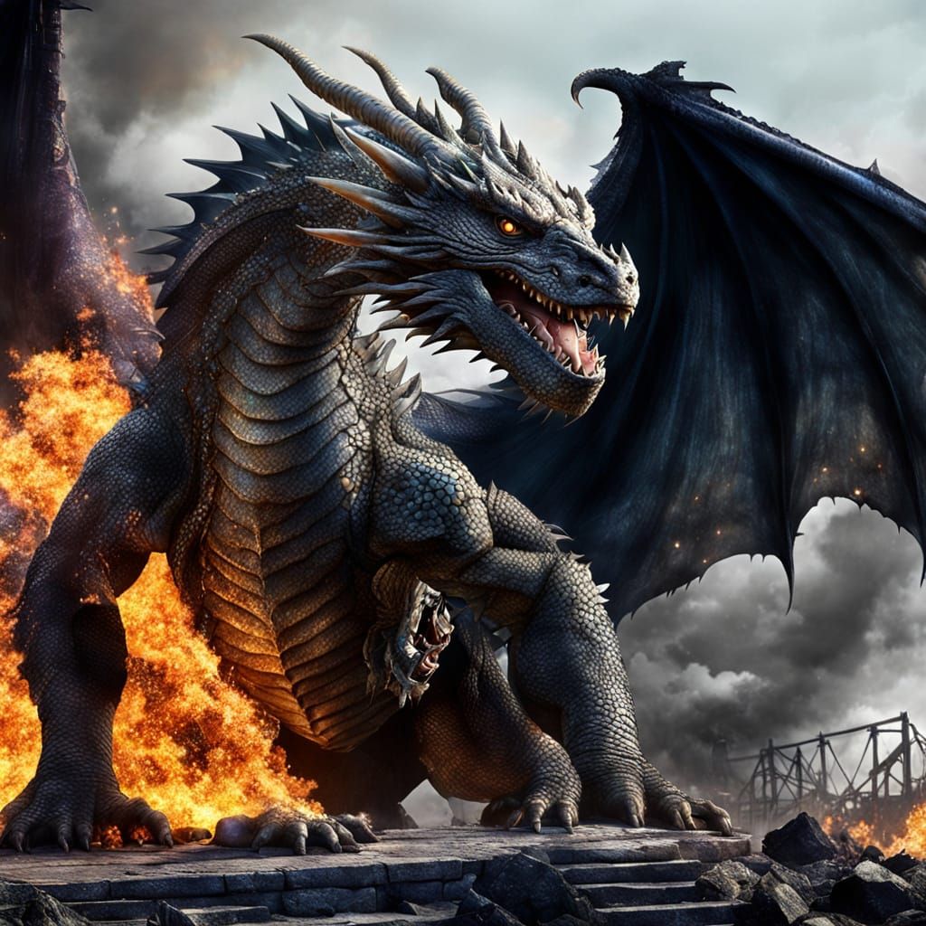 Dragon Emerges from Fiery Ruins in Whimsical Fantasy Art