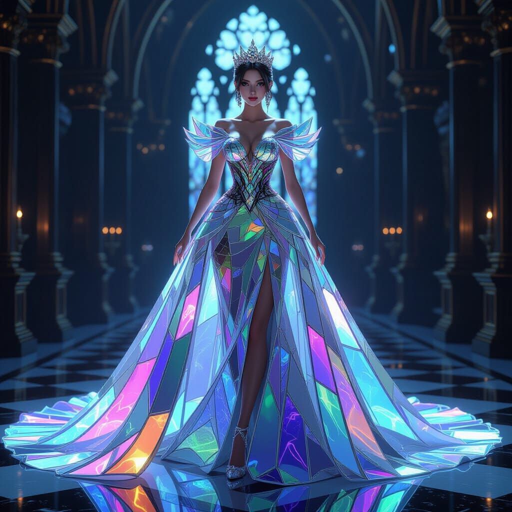 Queen in Shimmering Stained Glass Gown