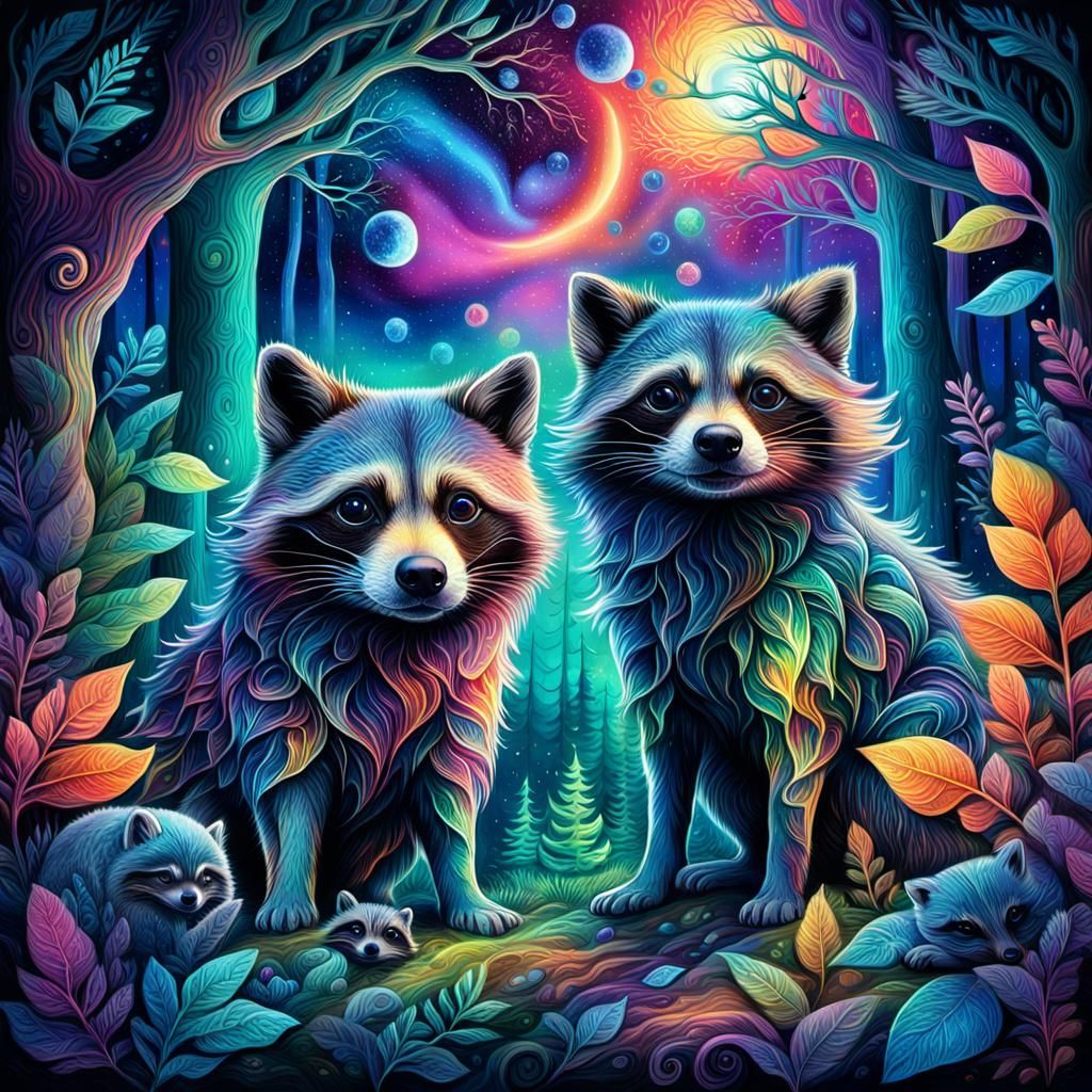Dog and Raccoons in Whimsical Astral Forest