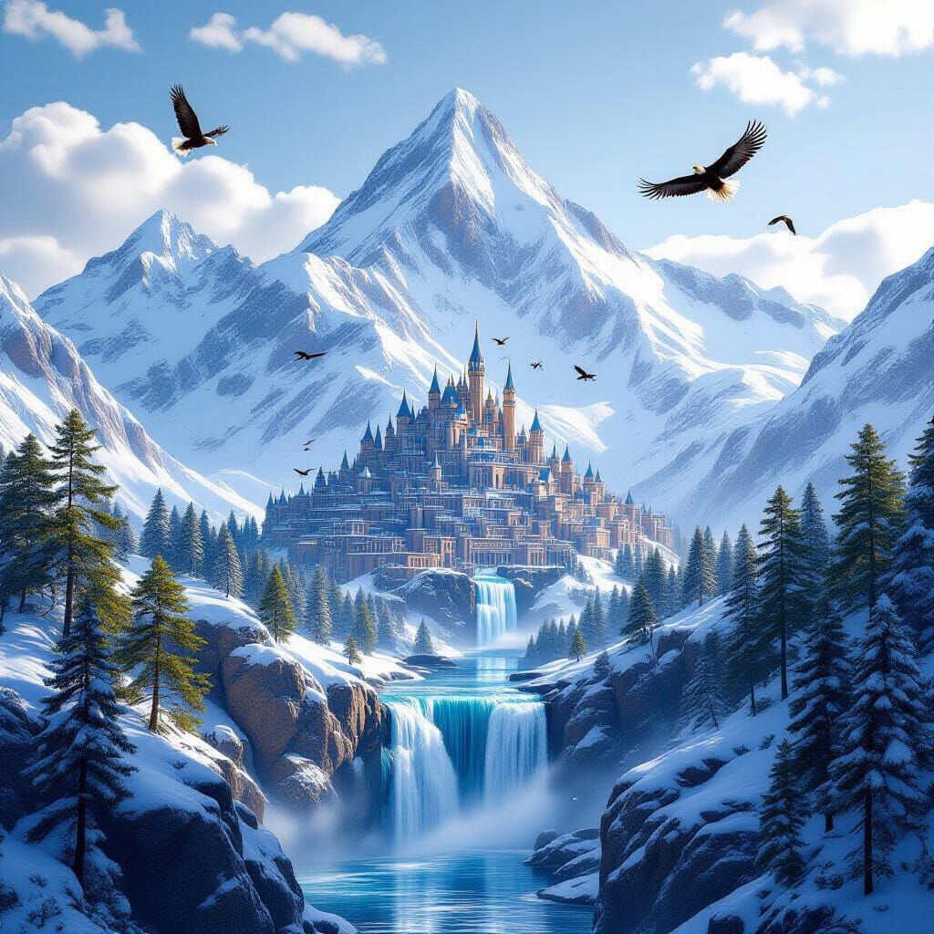 Fantasy City on Snowy Mountain Peak with Eagles