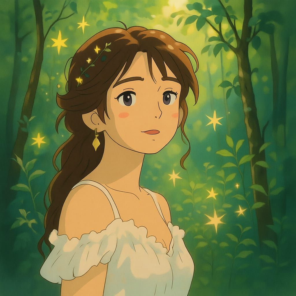 Impressionist Portrait of Woman in Firefly Forest