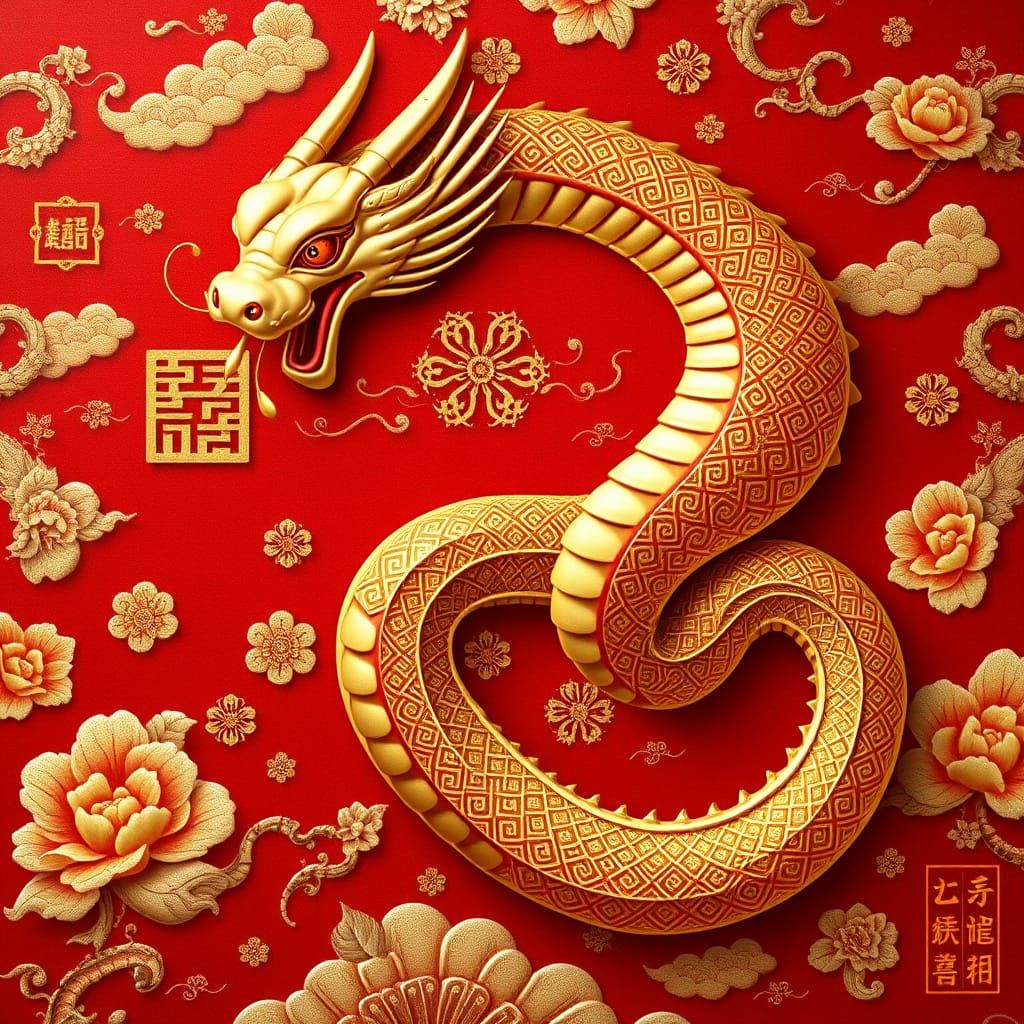Golden Serpent in Traditional Chinese Art Style
