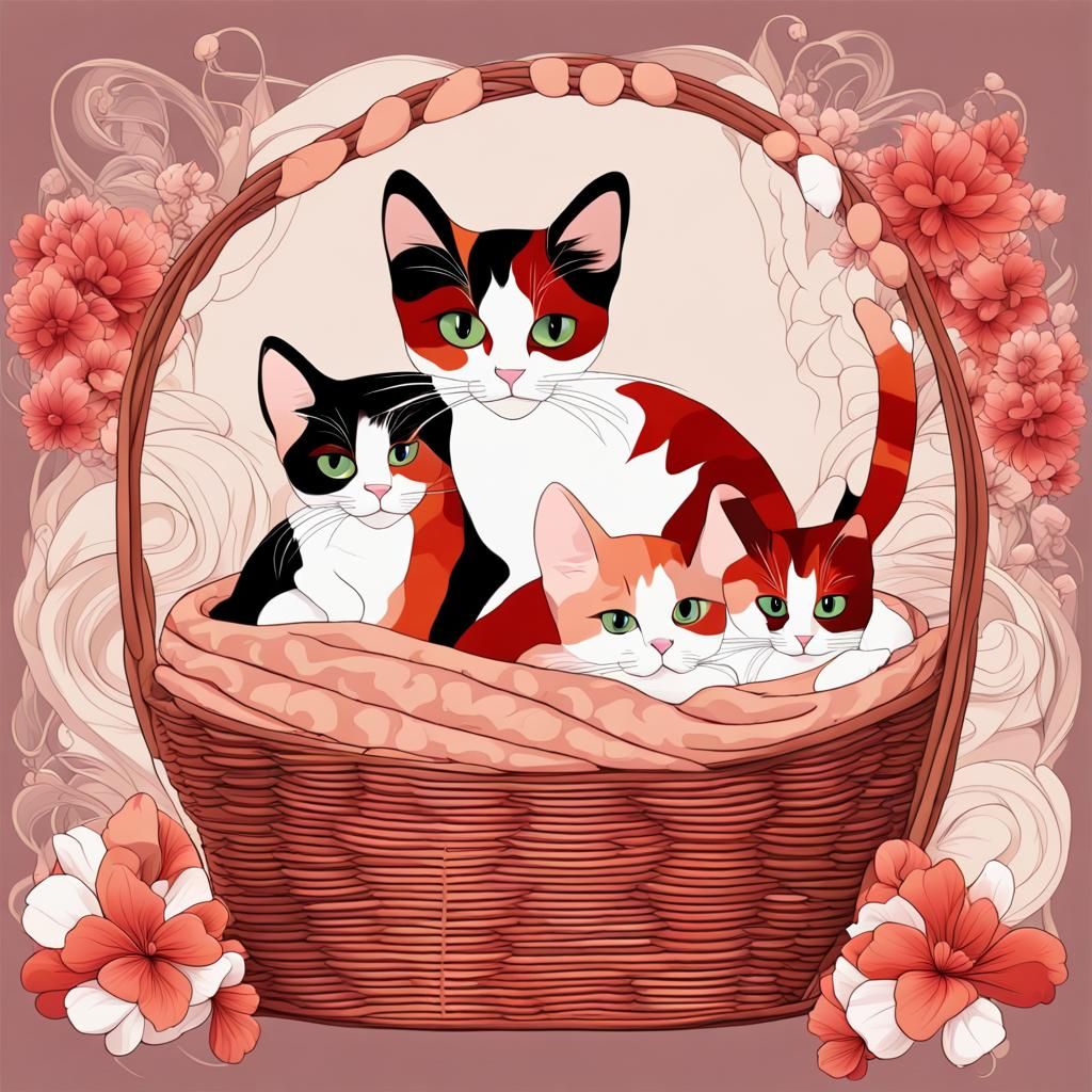 Calico Cat with Newborn Kittens in Basket