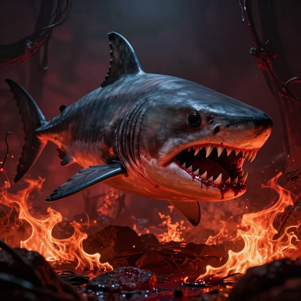 Monstrous Shark with Glowing Eyes Swims in Fire