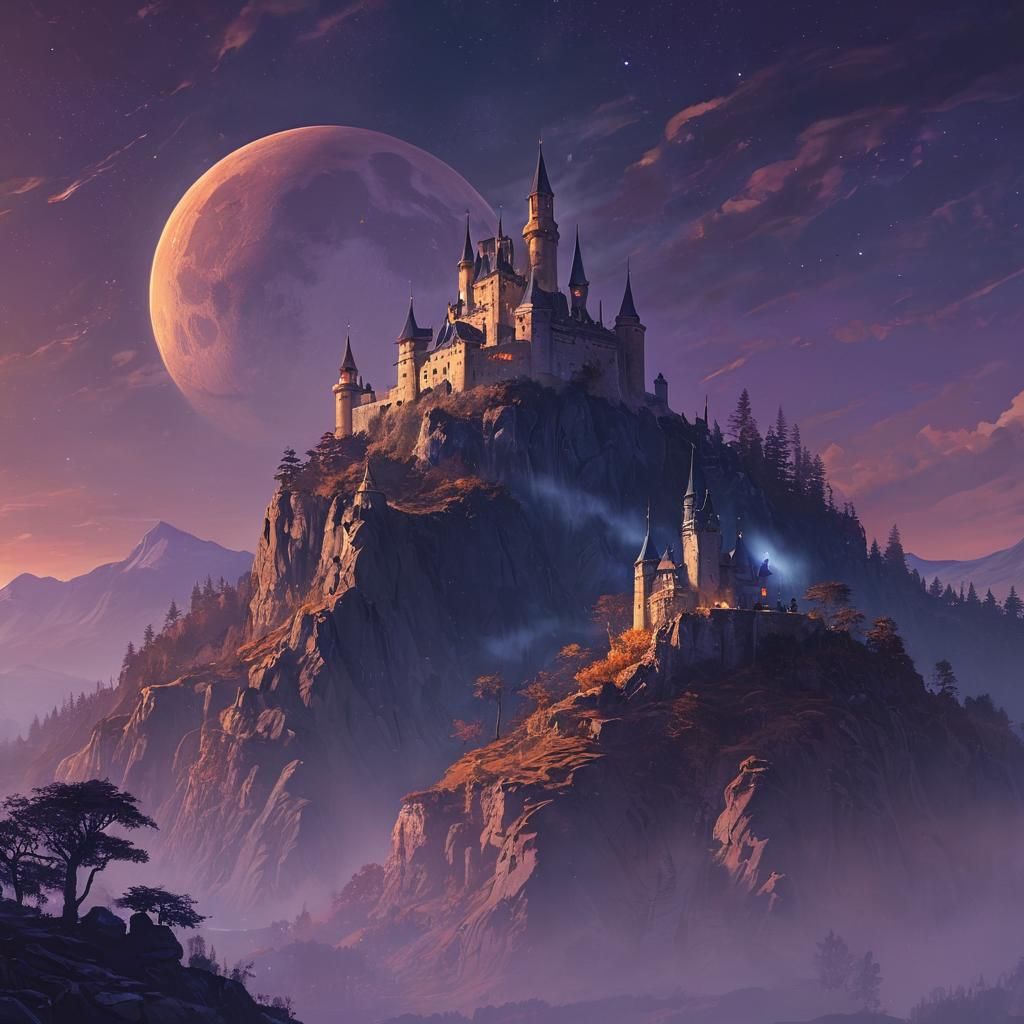 Fantasy Castle Landscape with Two Moons, Oil Painting