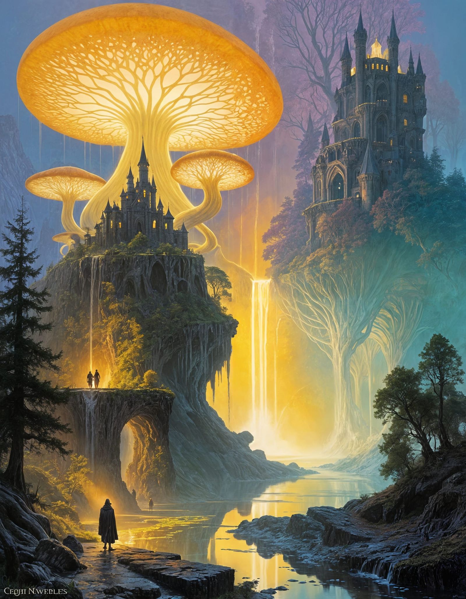 Fantasy Landscape with Luminous Mushrooms in Concept Art