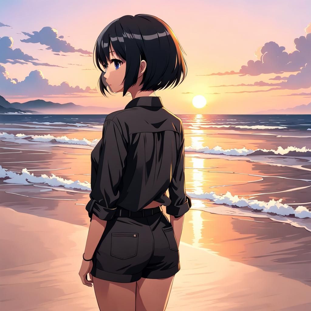 Anime Woman Watching Sunset on Beach