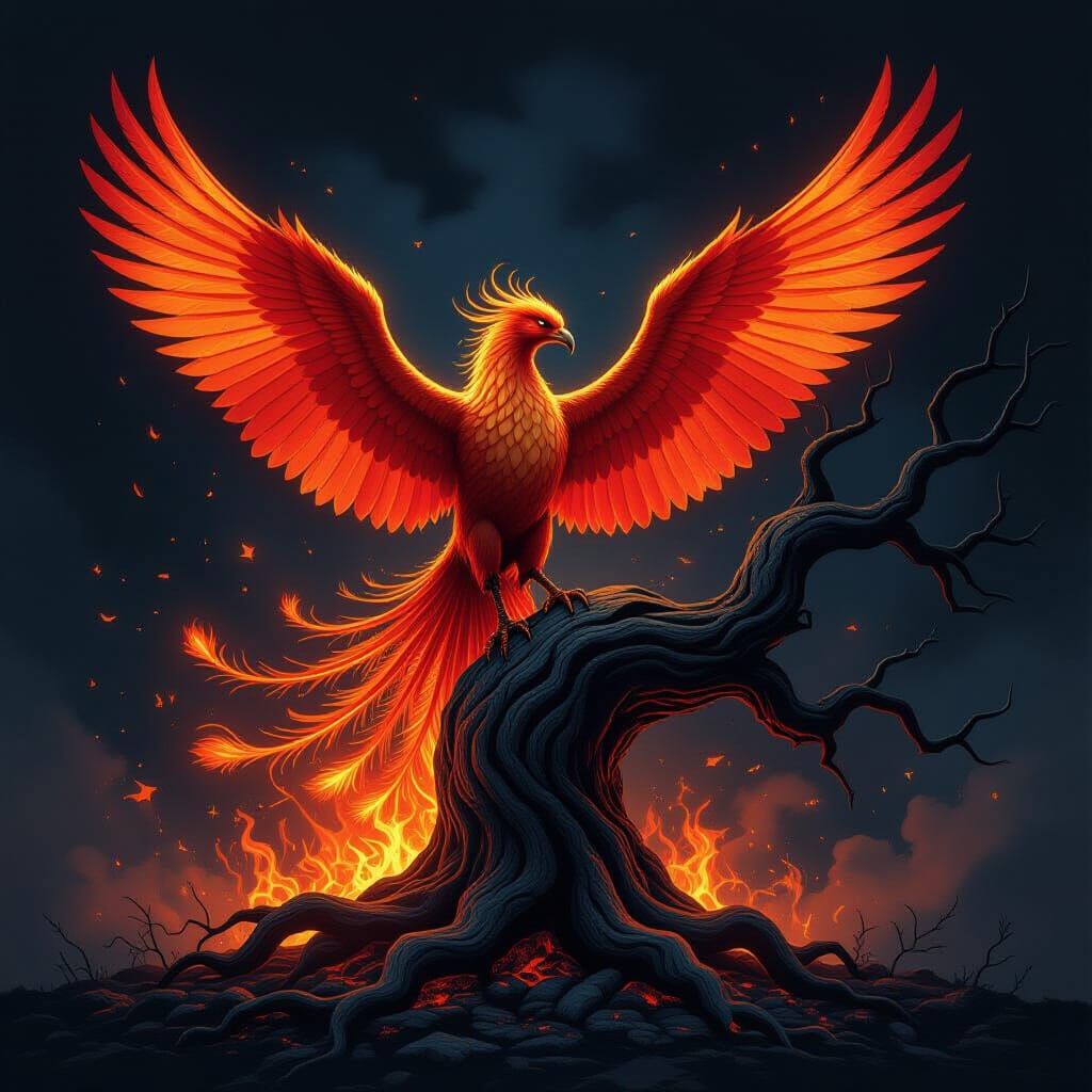 Phoenix Rises From Ashes in Dramatic Fantasy Art Style
