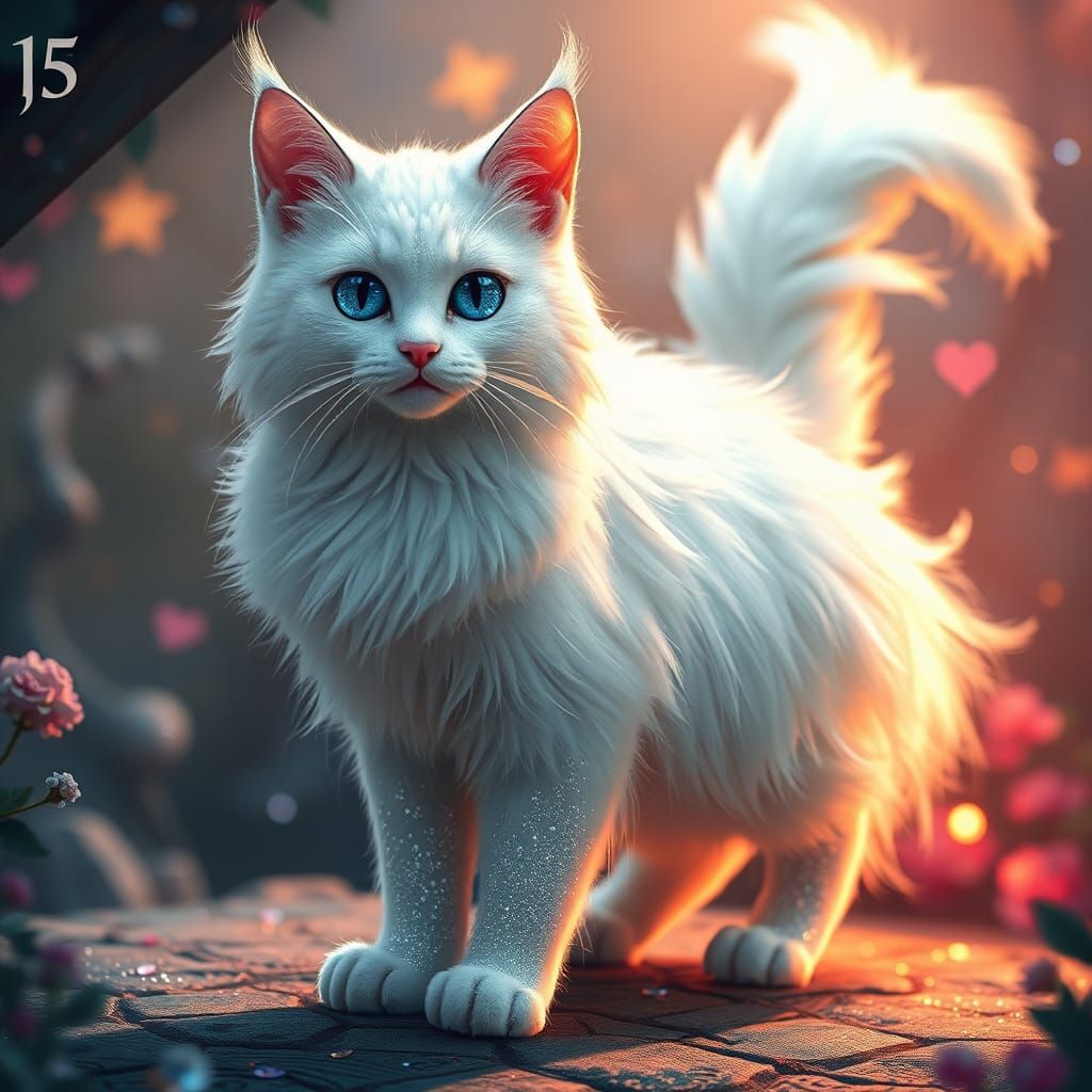 Regal Silver Cat with Glitter, Ghibli-Disney Style