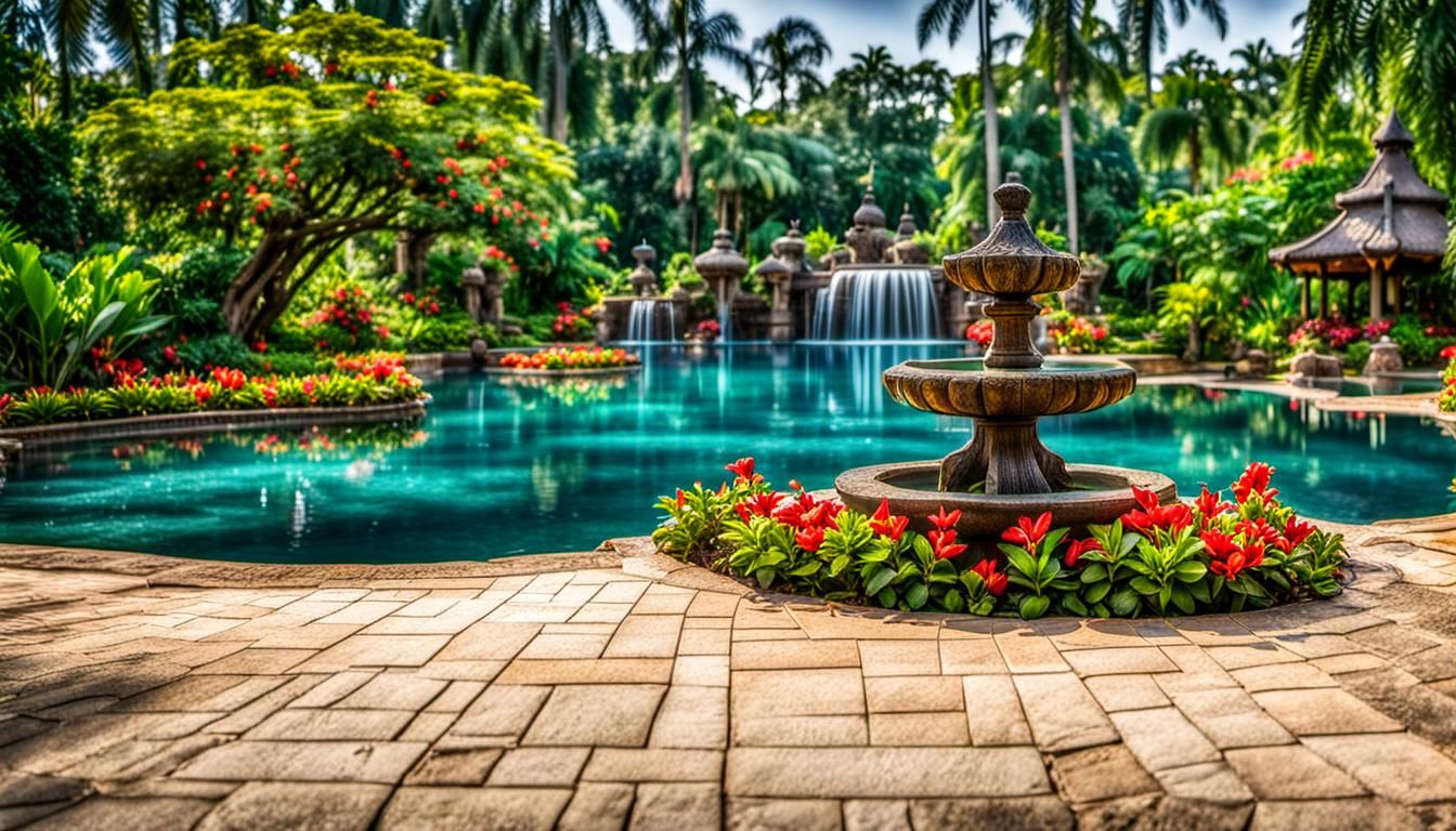 Tropical Oasis Garden Park with Large Pool