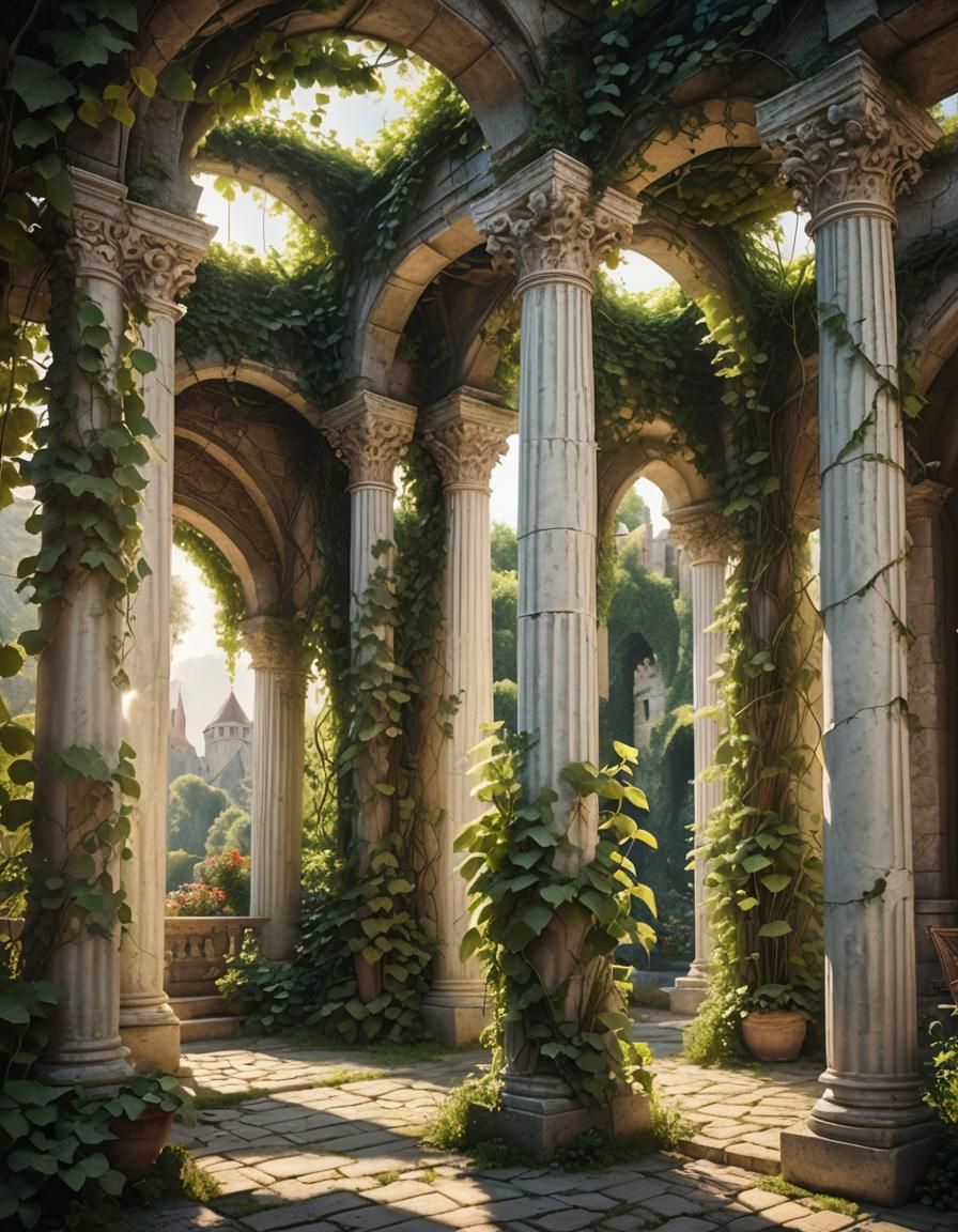 Sunlit Vines Adorn White Columns in Garden