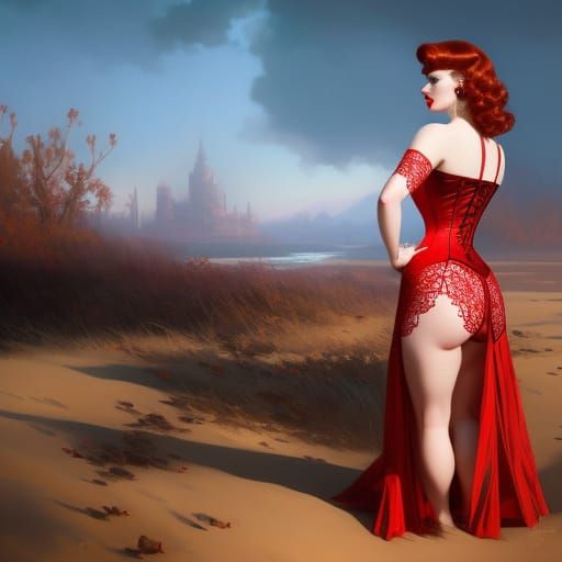 Sultry Red Corset Portrait in Hyperdetailed Style
