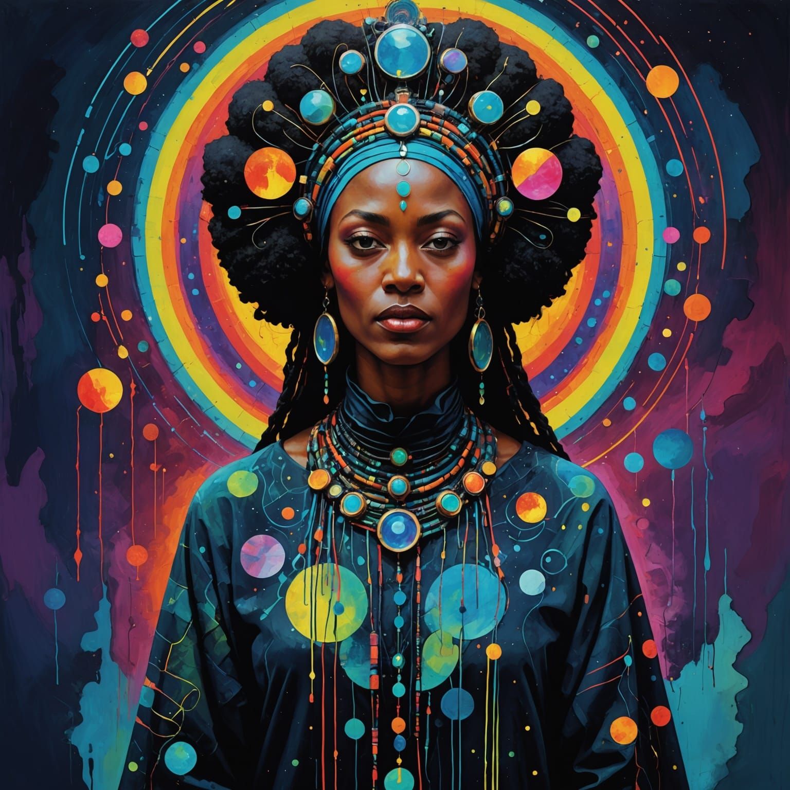 Afrofuturistic Cosmic Priestess in Vibrant Neon Drip Paintin...
