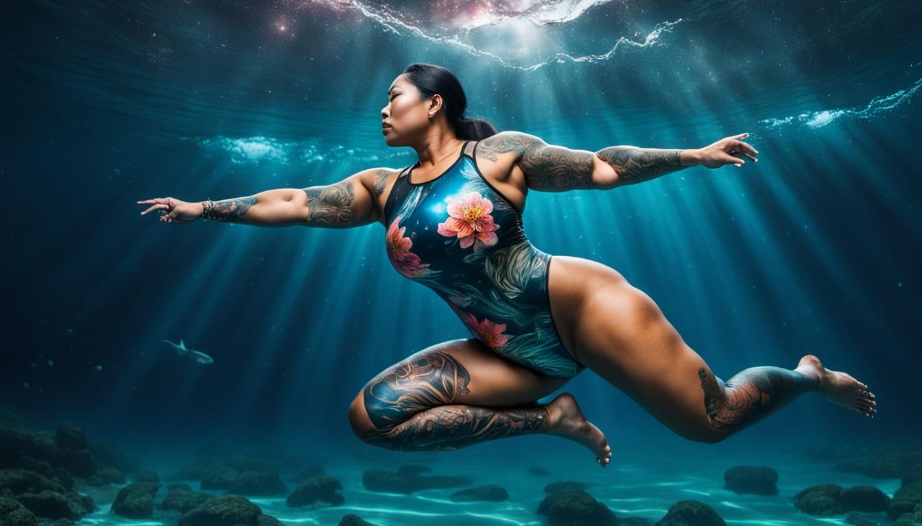 Cosmic Ocean Swim: Curvaceous Woman with Tattoos