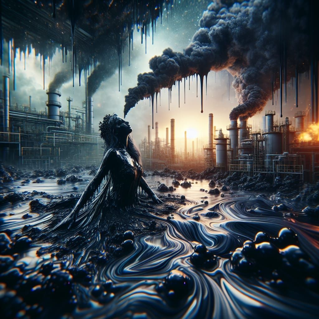 Obsidian Woman Emerges in Industrial Fantasy Scene