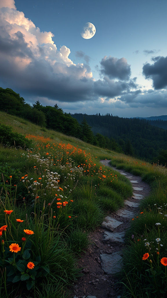 Mystical Hillside at Dusk in Pre-Raphaelite Style