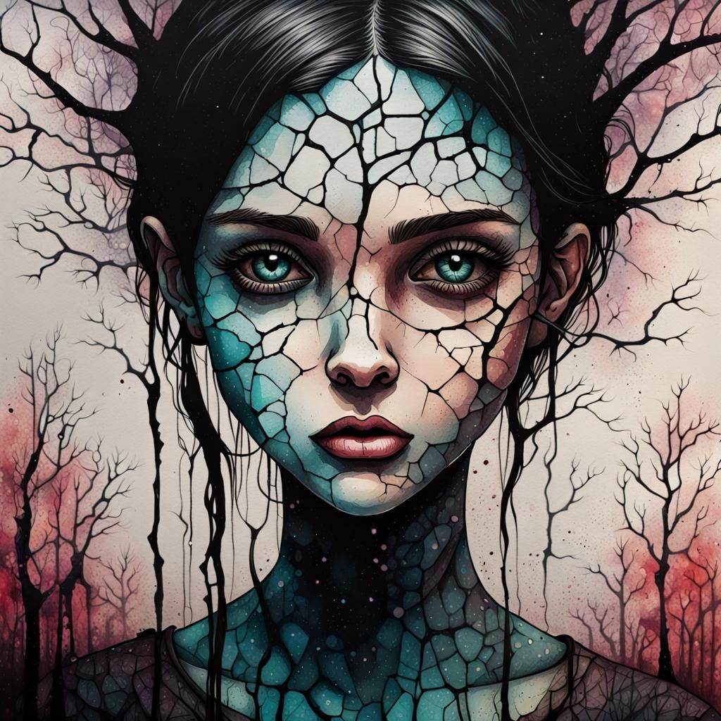 Cracked Face: Surreal Ink and Acrylic Painting