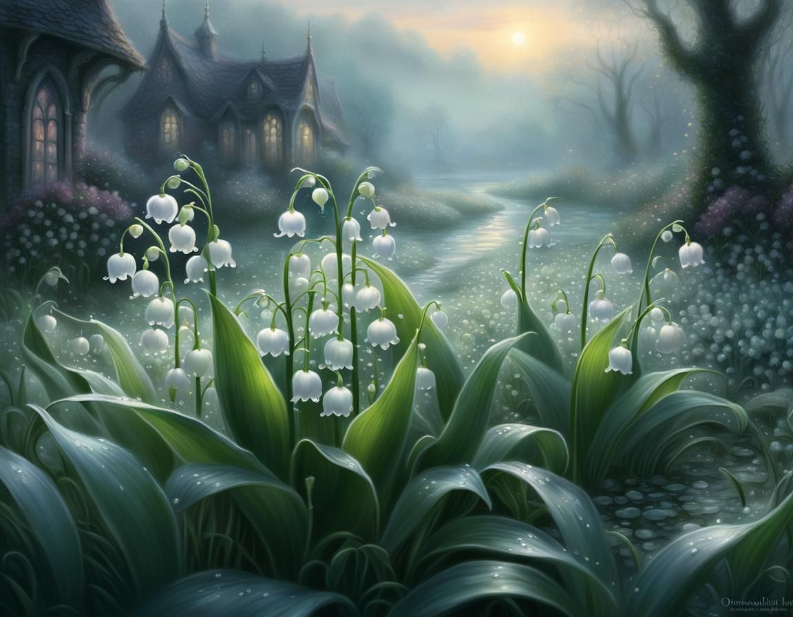 Lilies of the Valley in Silver Dew: Ethereal Solarpunk