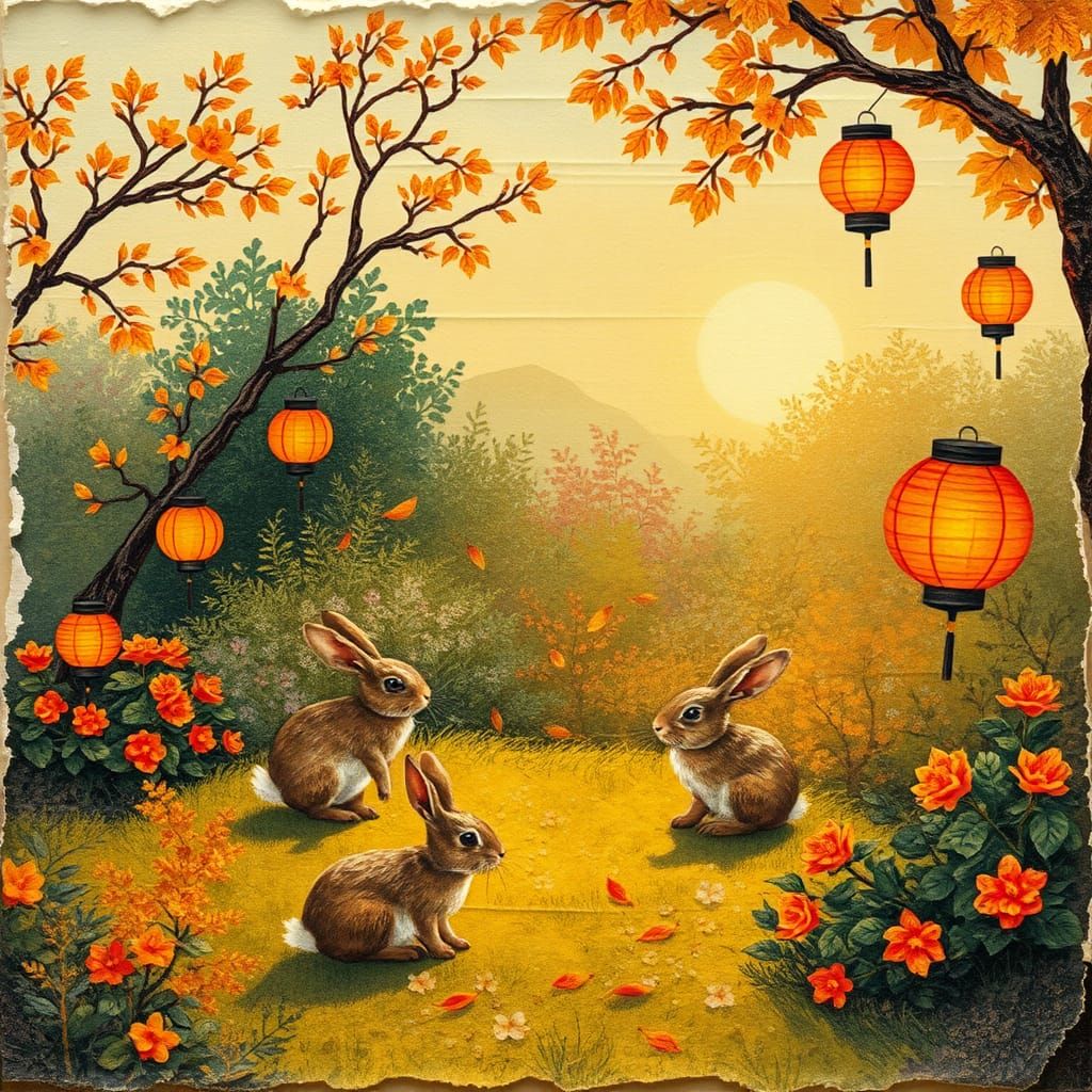 Autumn Garden Collage with Rabbits and Lanterns