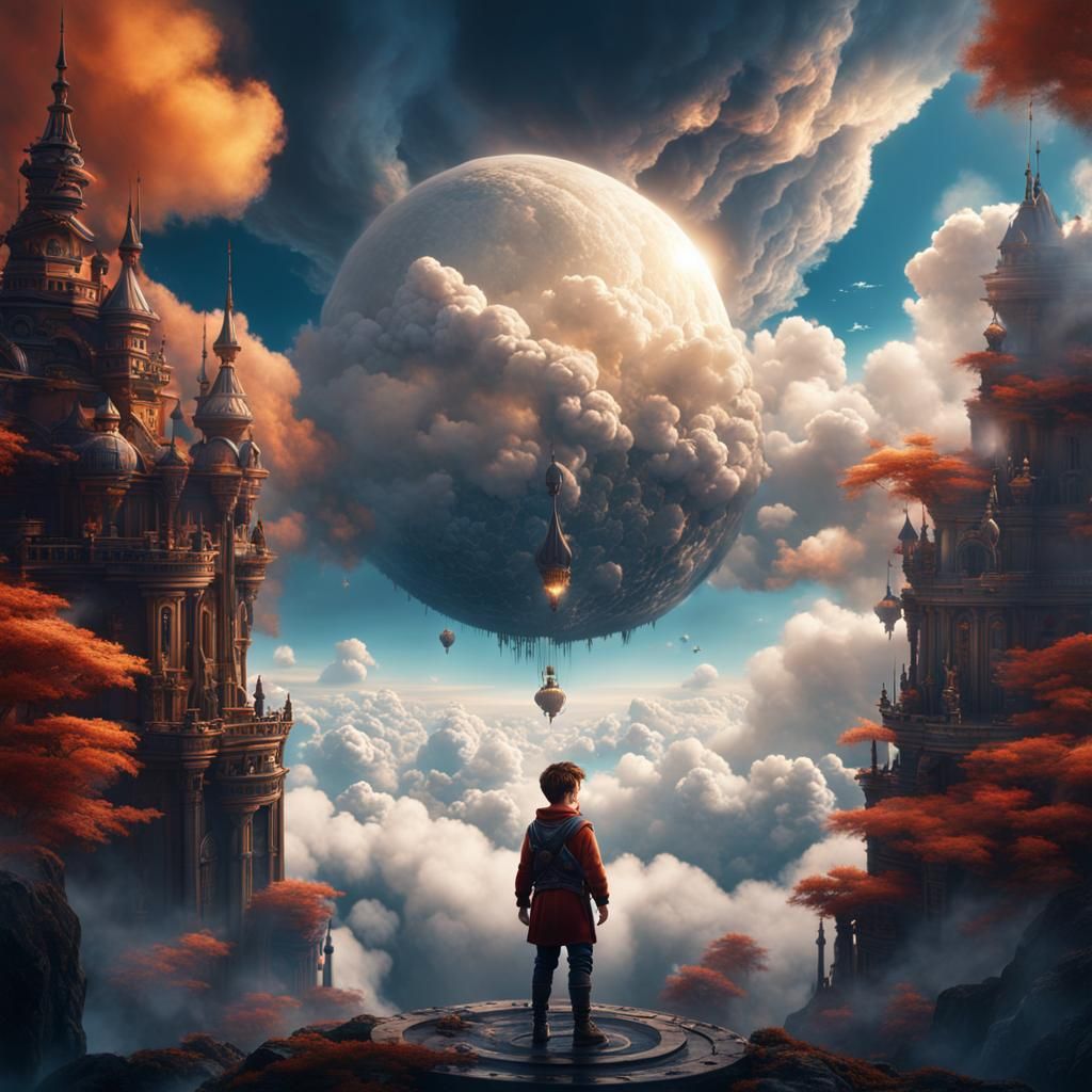 Boy Controls Air in Cloudy Fantasy Landscape